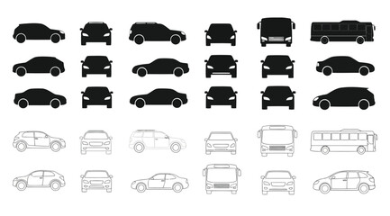 Car and bus vector icons set for architectural site plans and traffic diagrams collection of vehicle silhouettes and outlines in front and side view © S.Siam
