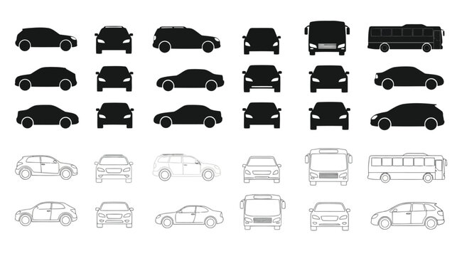 Car and bus vector icons set for architectural site plans and traffic diagrams collection of vehicle silhouettes and outlines in front and side view