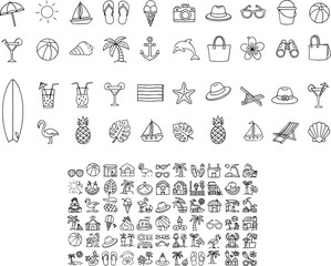 Fototapeta premium Bundle Of Hand Drawn Summer Icons And Doodle Graphics Featuring Tropical Palm Trees Surfboards Beach Elements Flamingo And Nautical Icons For Creative Seasonal Graphic Design Projects