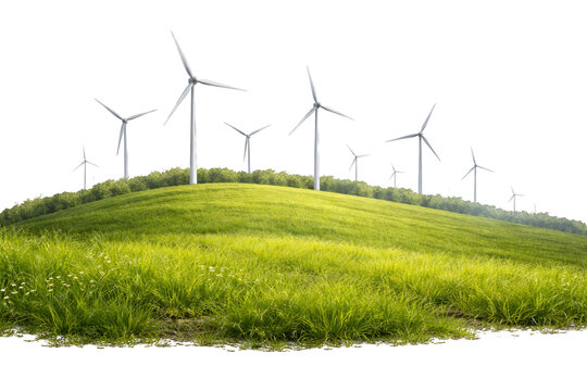 Wind turbines on green hill with black background