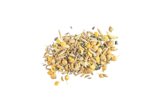 Indian panch phoran five spice mix pile on png background for ethnic food packaging and menu design.