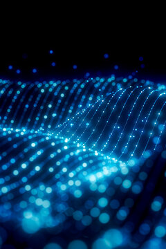 3D particle wave field with glowing blue grid and depth