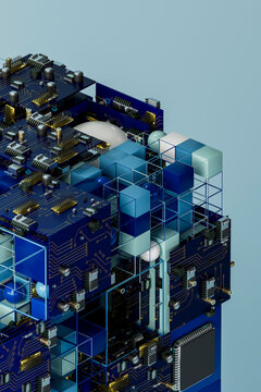 3D blue circuit tower with modular board and clear frame