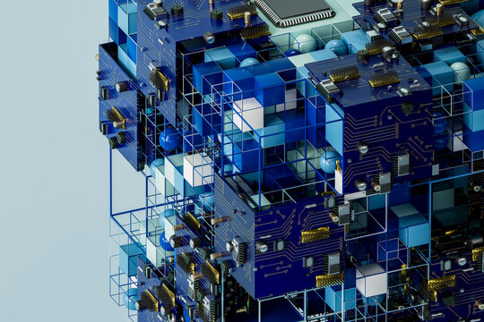 3D circuit grid cube with blue board and transparent frame