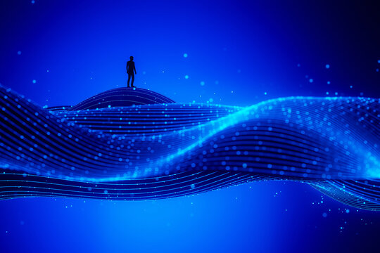 3D data wave horizon with lone figure and glowing flow