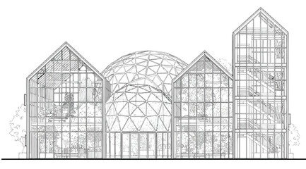 Architectural line drawing of a modern greenhouse conservatory with glass domes and gabled roofs © S.Siam