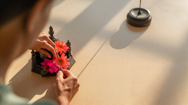Person arranging flowers in decorative holder on wooden table  