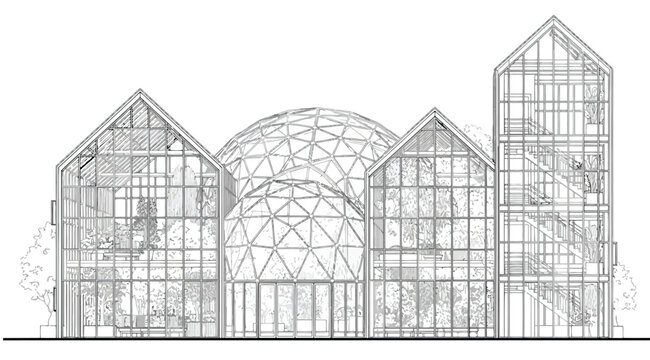 Architectural line drawing of a modern greenhouse conservatory with glass domes and gabled roofs