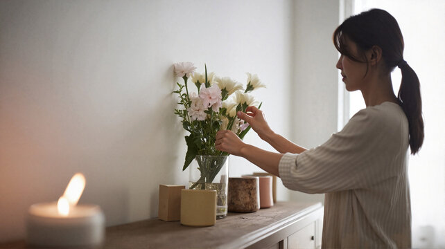 Woman arranging flowers in vase at home with soft natural light  