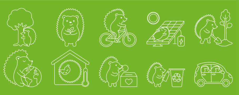 Set de 10 ic&ocirc;nes / illustrations sur l&rsquo;&eacute;coresponsabilit&eacute; avec un h&eacute;risson (style cartoon lin&eacute;aire blanc, fond vert)