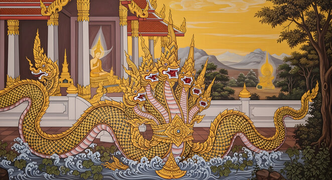 Golden Naga Serpent Statue Decorations.