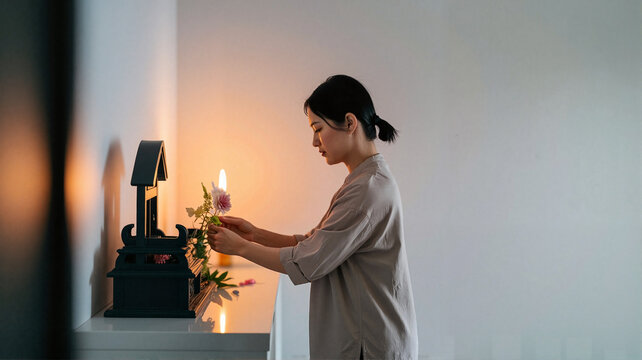 Young woman arranging flowers and lighting candles indoors  
