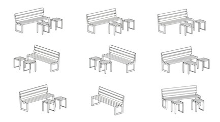 Set of outdoor park bench and table furniture line art icons collection of various isometric outdoor seating illustrations © S.Siam
