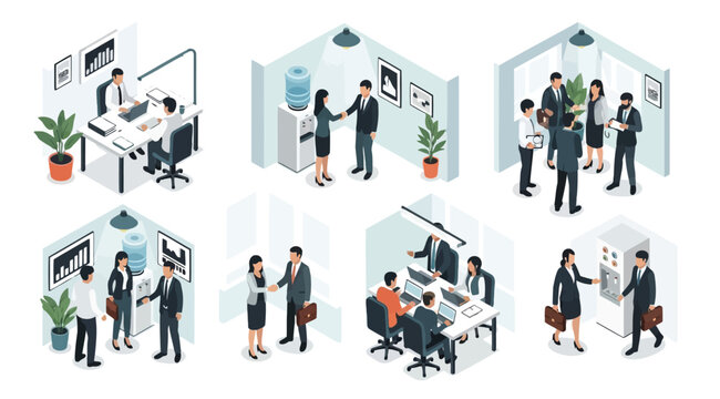 Isometric business people set office workers in various situations meeting, working at desk, shaking hands, talking near water cooler vector illustration of corporate life and teamwork