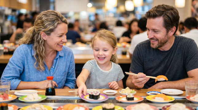 回転寿司（Kaiten-Sushi）のレストランで食事を楽しむ白人の欧米人ファミリー