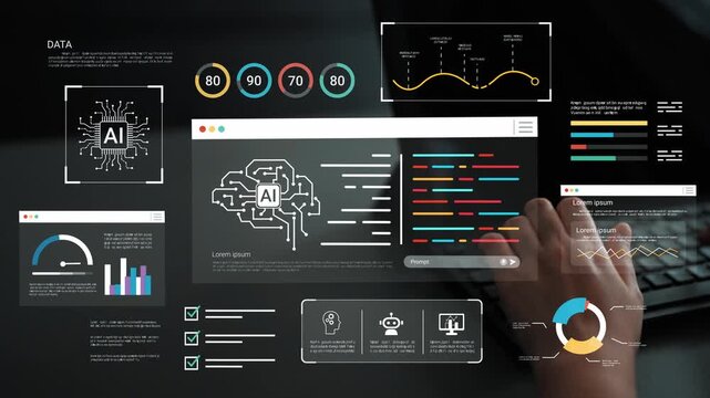 Abstract digital interface showcasing artificial intelligence concepts with data visualization and coding elements, ideal for technology-focused projects and designs. Gluon.