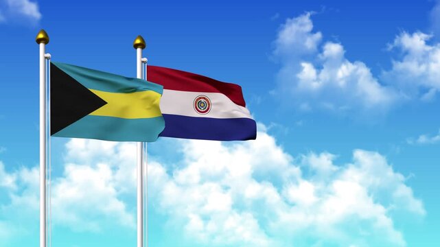 Waving flags of BAHAMAS and PARAGUAY on pole included with alpha