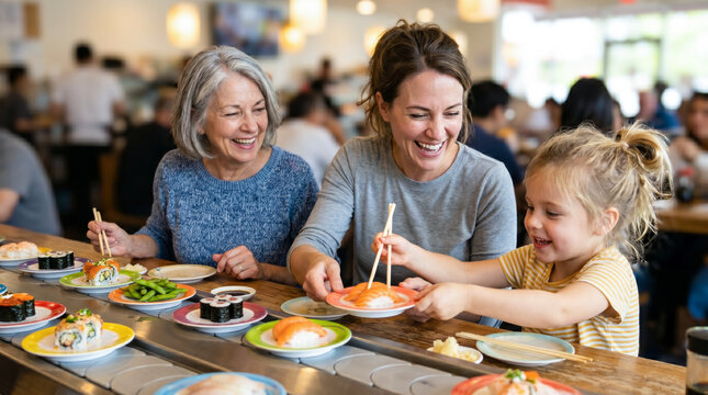 回転寿司のレストランで食事を楽しむ白人の欧米人ファミリー Kaiten-Sushi