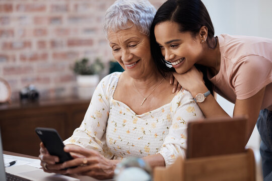 Phone, help and woman with senior mother in house with budget, paperwork or expenses. Retirement, financial goals and person with tech and elderly mom for support, tax review or savings in home