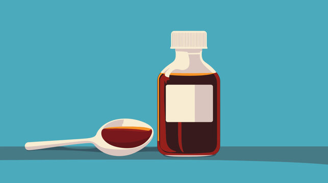 A medical illustration of medicine bottle and spoon with liquid against blue background