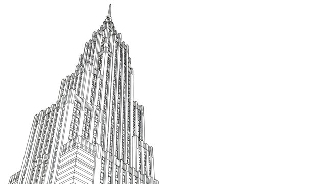 Black and white line drawing of a tall skyscraper building architecture