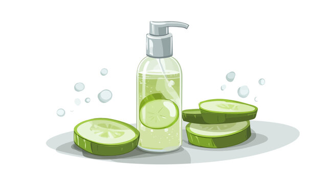 Cartoon illustration of a clear bottle of green liquid with cucumber slices around