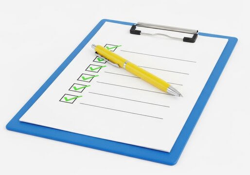 A clipboard with a checklist and a yellow marker on a white background.