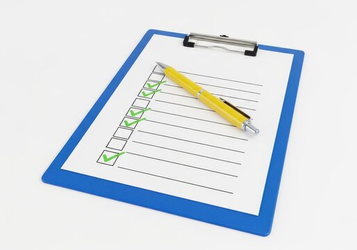 Clipboard with checklist and yellow highlighter on white background
