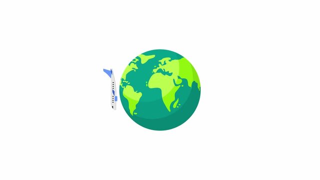 Airplane flying around the world animation. World travel concept