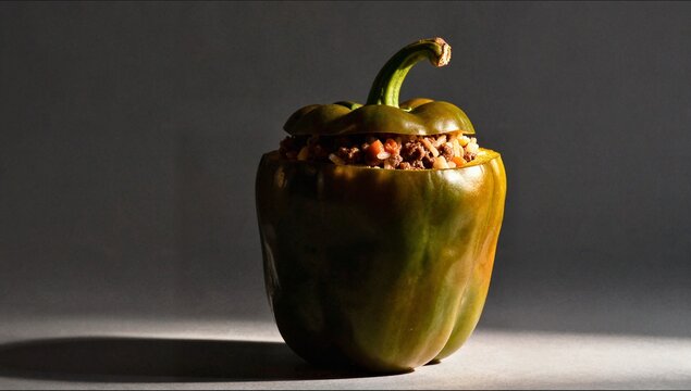 A single green bell pepper is stuffed with a savory mixture of minced meat and rice standing under a dramatic spot light.