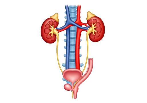 Anatomical illustration of the human urinary system with kidneys, ureters, bladder, and urethra