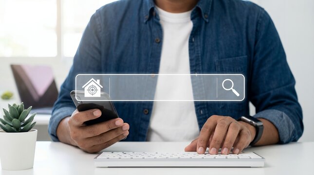 Person using smartphone and keyboard with search bar overlay showing house and magnifying glass searching