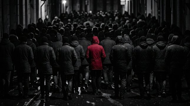 Anonymity in monochrome: A crowd of pedestrians walking on a street one hooded figure in red stands out in this outdoor urban scene