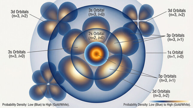 Visual representation of atomic orbitals and probability density in an atom showing the structure and arrangement of orbitals