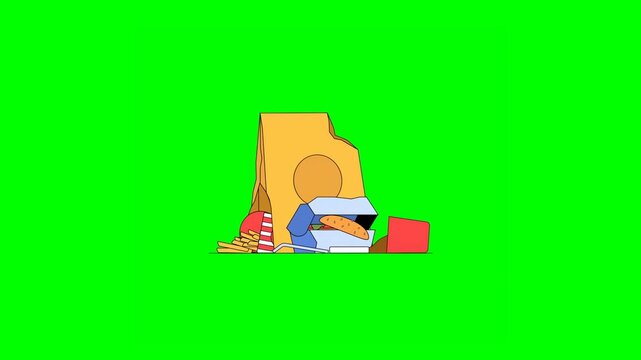 2D Animated Cartoon Fast Food Delivery Bag Sitting on Green Background Containing Fast Food Like Fries and Burger.