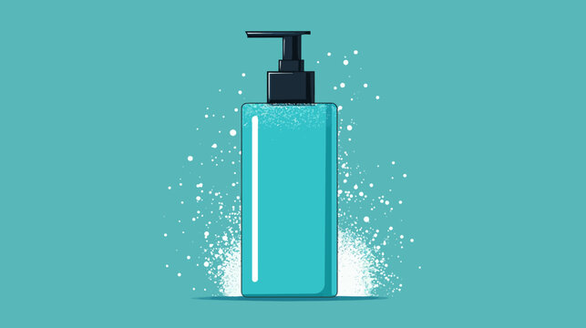 Digital illustration of a teal square bottle with a black pump, white bubbles, and a shadow