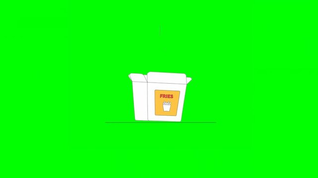 2D Illustrated Delivery Box Labeled With Fries Being Filled up With French Fries and Closed in Assembly Line for Transportation. Green Screen.