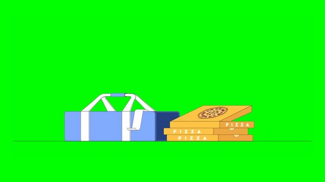 2D Animated Three Pizza Delivery Boxes Falling From Above Next to Blue Insulated Carrier on Green Background.