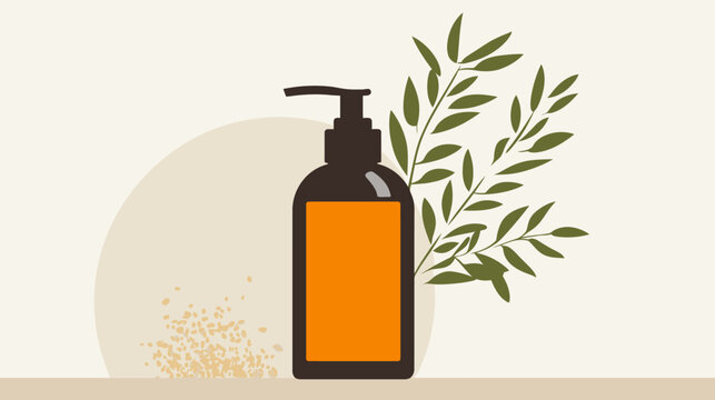 Minimalist illustration of a brown bottle with a blank orange label, leaves, and beige background