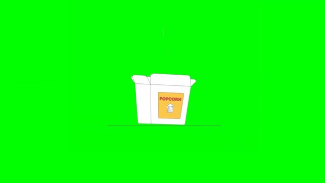 2D Animated Delivery Box Labeled With Popcorn Being Filled up With Popcorn and Closed in Assembly Line for Transportation on Green Background