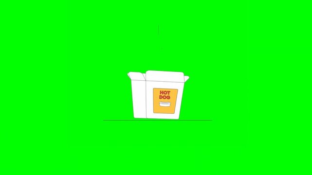 2D Illustration of Delivery Box Labeled With Hot Dog Being Filled up With Hot Dogs and Closed in Assembly Line for Transportation on Green Background