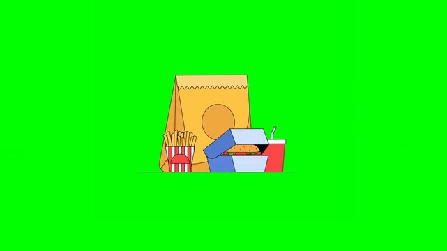 2D Animation of Takeout Food Including Burger in Box, Side of Golden French Fries and Red Drink Cup on Green Background.