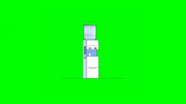 2D Animation of Illustrated Water Dispenser With Upper Bottle, Glass and Cooler Standing on Green Background