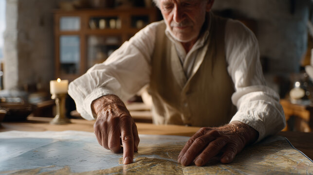 Aged WWII map spread across a kitchen table under candlelight, gnarled elderly hands pointing to a European village, survivor storytelling, wartime memory preservation, living history education, gra