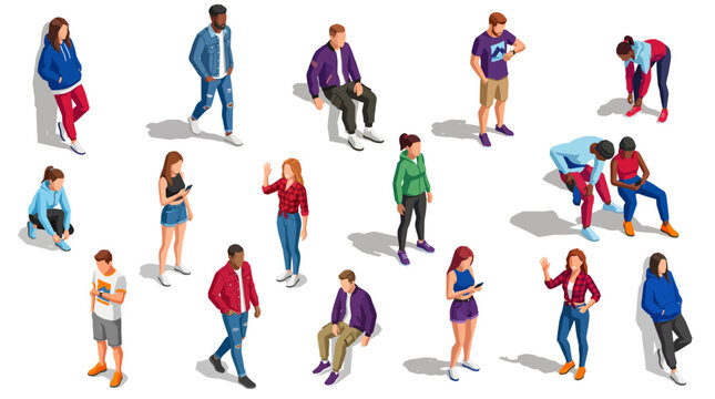 Isometric people in casual clothes set | Diverse men and women characters walking and sitting in various poses for architectural visualization