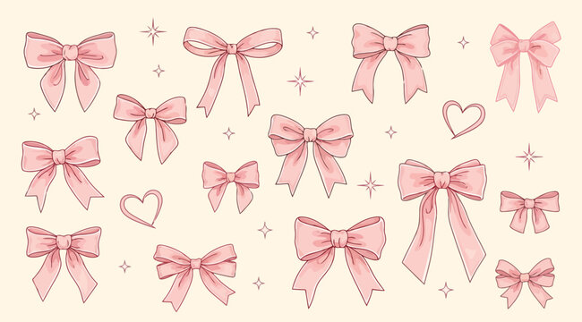 Collection of cute pink bows and ribbons with sparkles and hearts