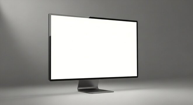 A modern minimalist computer monitor with a blank white screen on a grey background