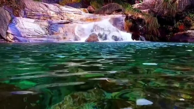 A serene video of a small waterfall cascading into a calm and peaceful body of water surrounded by lush greenery and rugged rocky cliffs.