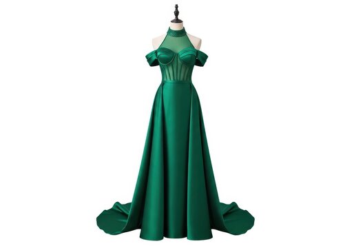 Elegant emerald green satin gown with puffed sleeves and a long train