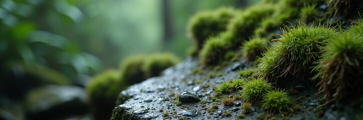 Obraz premium Lush green moss covering rocky surface in serene forest setting. Soft moss grows among stones in tranquil woodland atmosphere, creating a peaceful environment for nature lovers.
